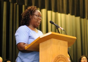 Myrna McNeil, of Harnett County, delivers an address during the Central Carolina Community College May 29 Continuing Education Medical Programs Graduation in the Dennis A. Wicker Civic Center. McNeil received her Nurse Aide I certificate. More than 300 completed their studies during the spring semester in the fields of Nurse Aide I and II, EKG Technician, Phlebotomy Technician, Pharmacy Technician, Central Sterile Processing Technician and Sleep Disorder Technician. Approximately 200 took part in the graduation ceremony.
