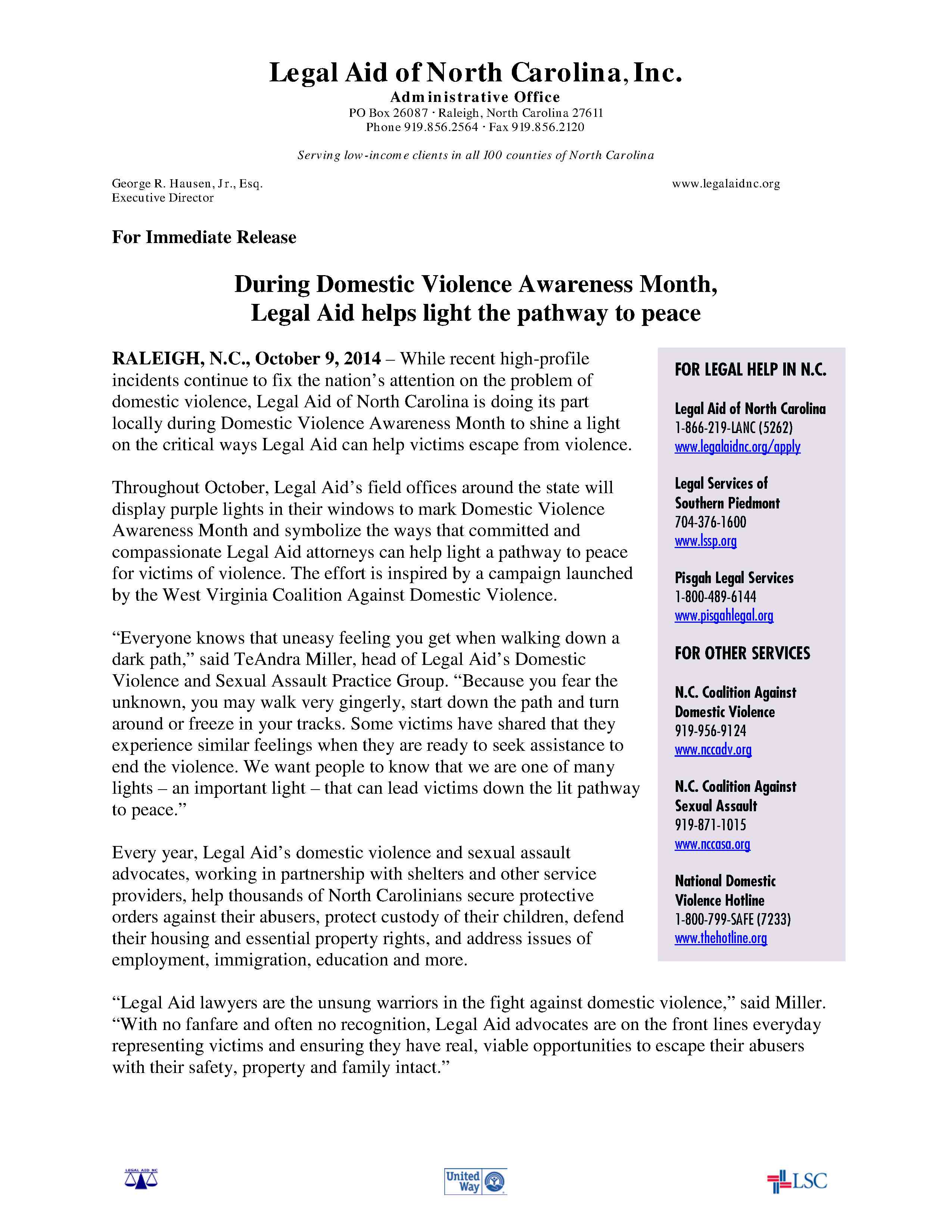 During Domestic Violence Awareness Month, Legal Aid helps light pathway to peace1