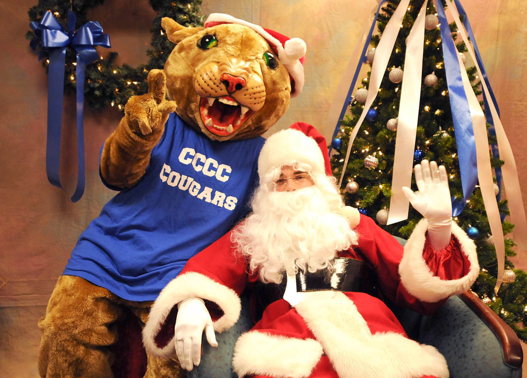 Central Carolina Community College mascot Charlee Cougar and Santa Claus welcome guests for the CCCC Foundation’s Christmas Tree Lighting event on Dec. 4 at the college’s Lee County Campus